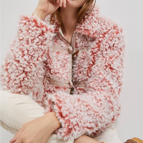 ANTHROPOLOGIE XS Brenna Faux Fur Coat in Pink • Coral Fuzzy Furry Toggle Jacket - Picture 12 of 15